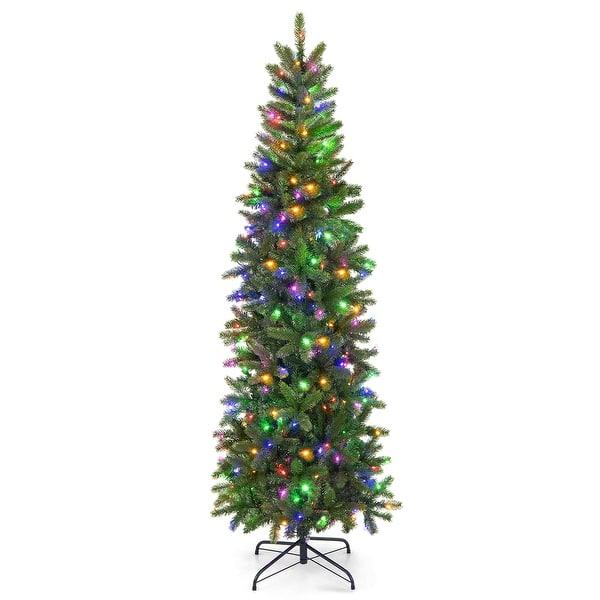 Goplus 6ft Pre-Lit Pencil Christmas Tree, Hinged Artificial Slim Tree with 648 PVC PE Branch Tips, 270 LED Lights, Life-Like Xmas Tree for Indoor Home Office Decor, Easy Setup
