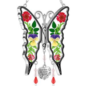 KY&BOSAM Gifts for Women God Bless My Sister in-Law Butterfly Suncatcher Sister Gifts Pressed Flower Between Wings Glass Silver Metal Charm Birthday Mother's Day Thanksgiving Christmas