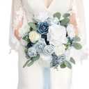 Ling's moment Dusty Blue Bridal Bouquet for Bride, Blue Wedding Bouquets for Bride, 13 Inch Silk Round Artificial Wedding Flowers Bouquets