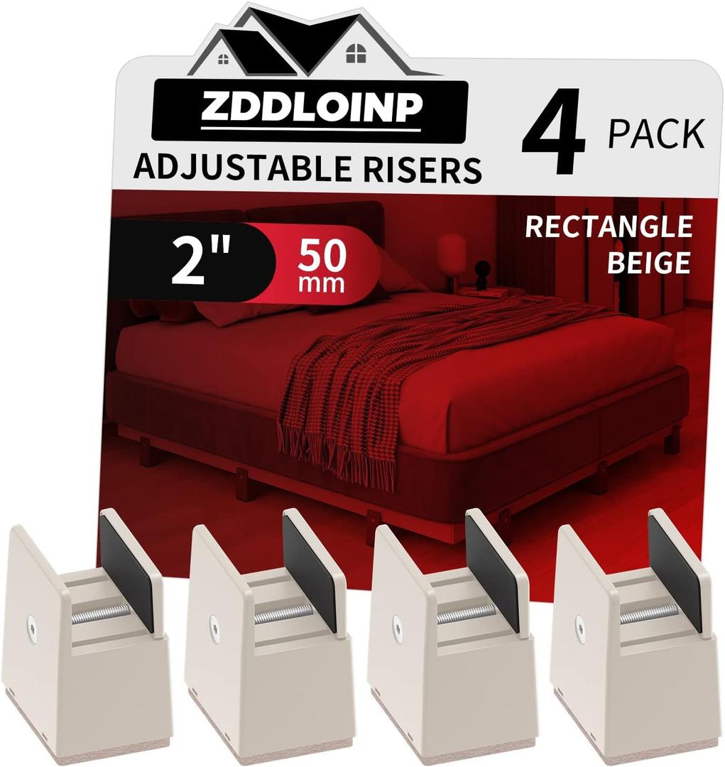 Bed Risers with Adjustable Screw Clamp, Fits Thickness of Furniture Frame from 0 to 1.5 Inch, Elevation in Heights 2" Heavy Duty Risers for Table Cabinet Dresser Support up to 5000lbs (4Pack, Beige)