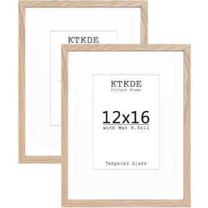 KTKDE 12x16 Picture frame Set of 2,Nature Wooden frame 8.5x11 mat or 12x16 Without Mat -Tempered Glass,11by14 Poster frame for Wall Studio Gallery Photo Frames for home Friends Wedding best gift (2pcs-Natural Woodgrain)