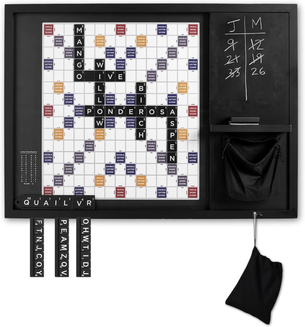 Oversized Wooden Wall Word Game (32 x 24) | Magnetic Word Tile Board with Chalkboard, Storage & Tiles | Wall Mounted Family Game & Rustic Home Dcor