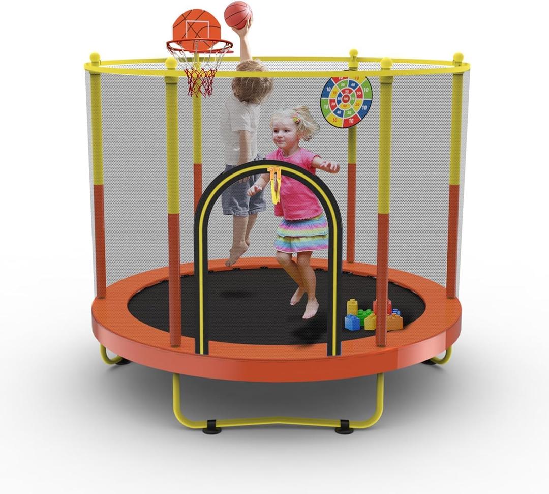 72" Trampoline for Kids with Net,6 FT Indoor & Outdoor Small Toddler Trampoline with Basketball Hoop & Dart Board for Ages 1-8, Birthday Gifts for Boys & Girls, Baby Toddler Christmas Toys (Orange)