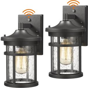 Dusk to Dawn Outdoor Wall Lighting Outdoor Wall Lantern with Sensor Exterior Wall Light Anti-Rust Porch Light Fixtures Wall Mount Waterproof Wall Sconce with Seeded Glass for House Patio Garage (DIA-6.7"Medium-2 Pack, Black)