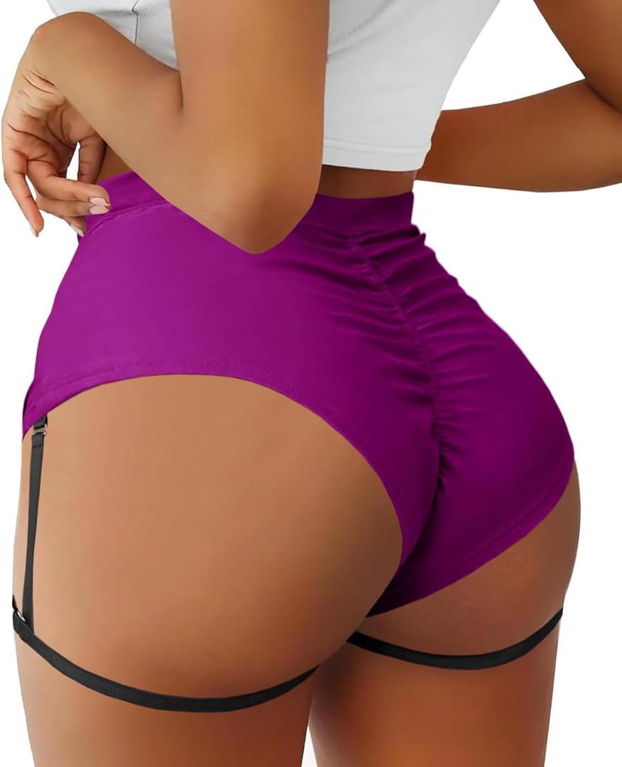 BZB Women's High Waist Yoga Shorts with Garters Booty Dance Cheeky Hot Pants Gym Workout Active Butt Lifting Sports Leggings (Large, Purple)
