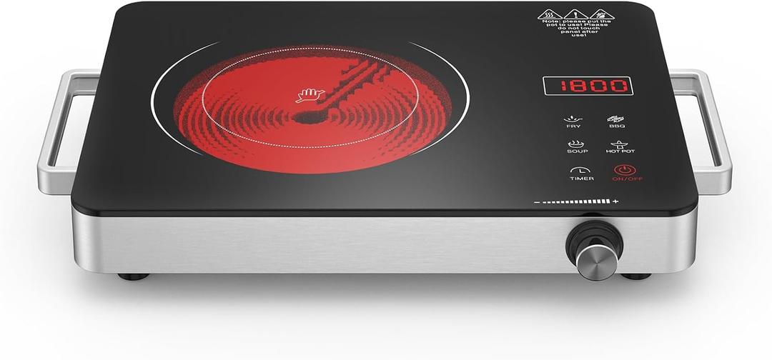 Electric Cooktop, Portable Electric Cooktop 1800W Single Burner Stove 110V with Plug, Hot Plate Countertop, Child Safety Lock, Timer, Infrared Burner,Touch and Knob Control, Small