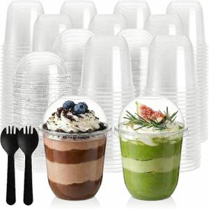 Nicunom 100 Pack 12 oz Clear Dessert Cups with No Hole Dome Lids & Sporks, Plastic Parfait Cups, No Leaking Disposable Party Cup for Ice Cream Fruit Cake Snack Yogurt Cold Drink