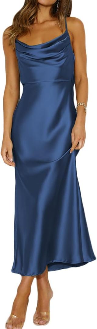 Summer Satin Spaghetti Strap Cowl Neck Backless Midi Dresses for Women Elegant Tie Low Back Ruched Cocktail Dress (Medium, Navy)