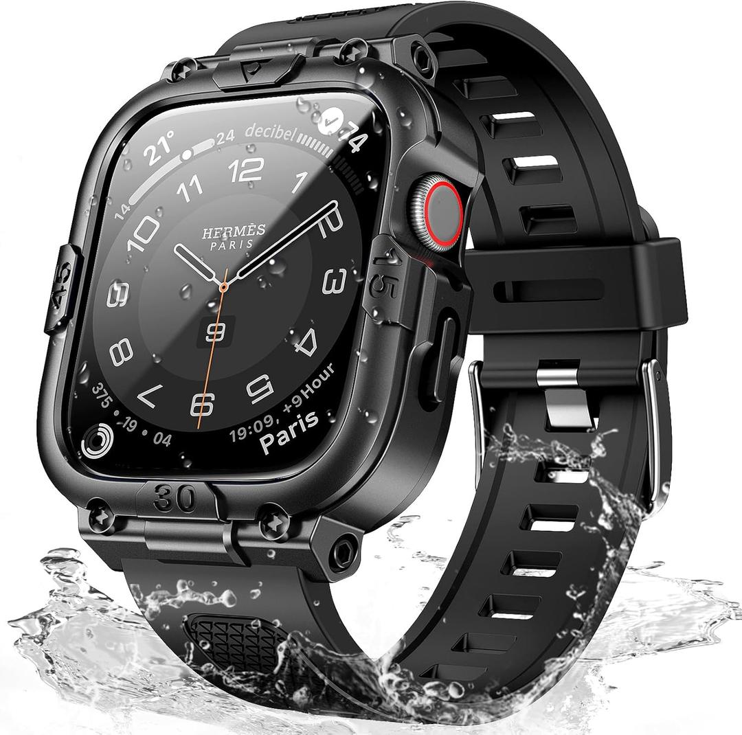 Mosonio Sport Rugged Case with Band for Apple Watch Band 44mm, Waterproof Band with Screen Protector, 360°Protective Cover and Tough Black Bumper for iwatch Series 6 5 4 SE SE2 Men (Black, 44mm)