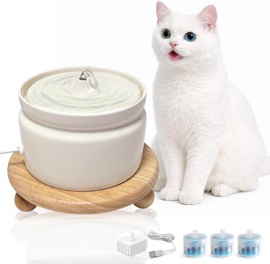 Ceramic Cat Water Fountain, 1L/32oz Automatic Pet Drinking Fountain with Quiet Pump & Triple Filtration, Durable BPA-Free Ceramic, Easy to Clean, Dishwasher Safe for Cats & Small Dogs (Cream)