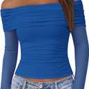 BTFBM Women's Long Sleeve Shirts 2025 Fall Crop Going Out Tops Mesh Ruched Casual Off Shoulder Blouses Y2K Clothes (Blue, XL)