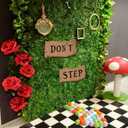 2 Pcs Wonderland Tea Party Decorations Don't Step Signs with 50 Mini Rainbow Pompoms Vintage Do Not Step Cutouts Wonderland Decor for Spring Birthday Fairy Tea Party Lawn Garden Outdoor