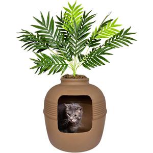 Good Pet Stuff Hidden Cat Litter Box Enclosure with Artificial Plant, Decorative Round Planter, Vented Carbon Charcoal Filter for Odor Control, Easy-to-Clean, Made in USA, Base Kit, Brown