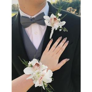 Rinlong Corsage and Boutonniere Set Orchid Corsages Wristlet Groom Flower Boutonniere for Men Wedding Homecoming Corsage for Prom (White Boat Orchid)