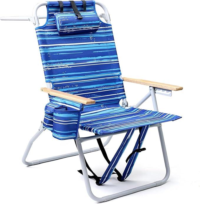 Tall Beach Chairs for Adults, 17" High Backpack Beach Chair with Wooden Armrests, 5 Positions Reclining Heavy Duty Chair with Large Cooler Pouch, Support to 350LBS Striped Blue,1pack