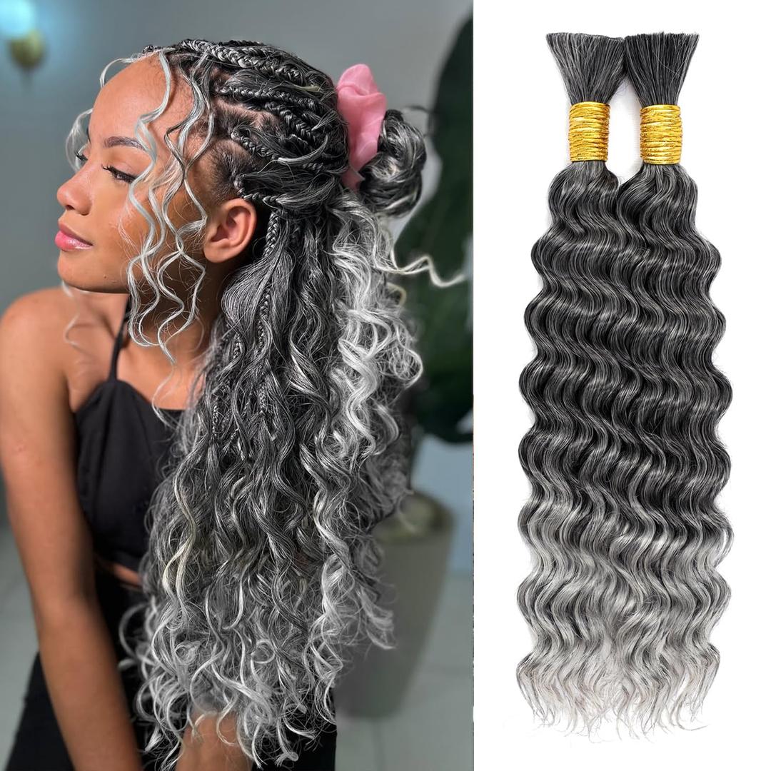 Ombre Grey 20 Inch Curly Braiding Hair for Boho Braids Curls Silver Gray Deep Wave Bulk Hair for Braiding 200g 2 Bundles No Weft Wet and Wavy Gray Bohemian Braiding Hair Extensions