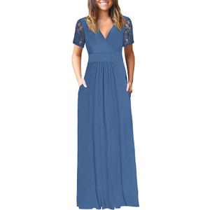 AUSELILY Maxi Dresses for Women 2026 Lace Short Sleeve V Neck Wrap Long Dress with Pockets (Blue, M)