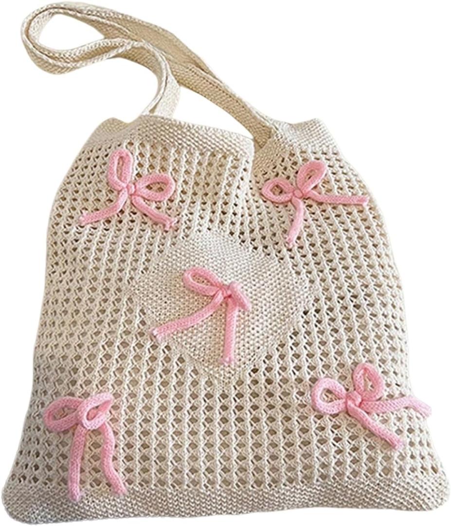 Floerns Women's Bow Crochet Hollow Out Shoulder Tote Bag Cute Casual Knitted Totes Handbags (Beige and Pink)