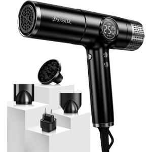 DORISILK Dual Voltage Hair Dryer for International Travel1875W Professional Hair Dryer with 160000 RPM Brushless Motor for Fast Drying Low Noise Ionic Blow Dryer with Diffuser for Curly Hair (Matte Black)