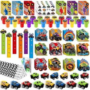 BenLouis 96Pcs Monster Truck Party Favors Truck Car Birthday Stampers Stickers School Stationery Set Bulk for Kids wheels party Race Car Themed Party Goodie Bag Stuffers Pinata Filler Supplies