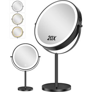 Lighted Makeup Mirror, 20X/1X Magnifying Mirror with 3 Color Light, 9 Inch Rechargeable Makeup Mirror with Lights and Magnification, Brightness Adjustable, 360 Rotation Vanity, Gift for Women