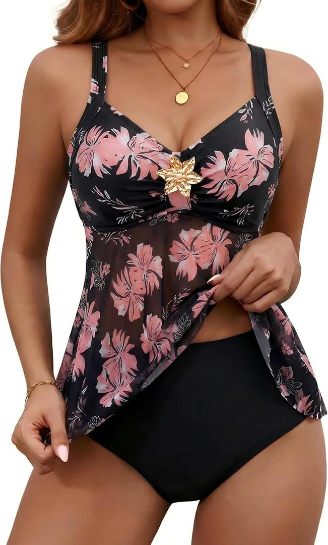 BMJL Womens Mesh Tankini Set with Ruched Bust Flowy Elegant Tummy Control Swimsuit Supportive Two Piece Bathing Suit (X-Large, Floral51)