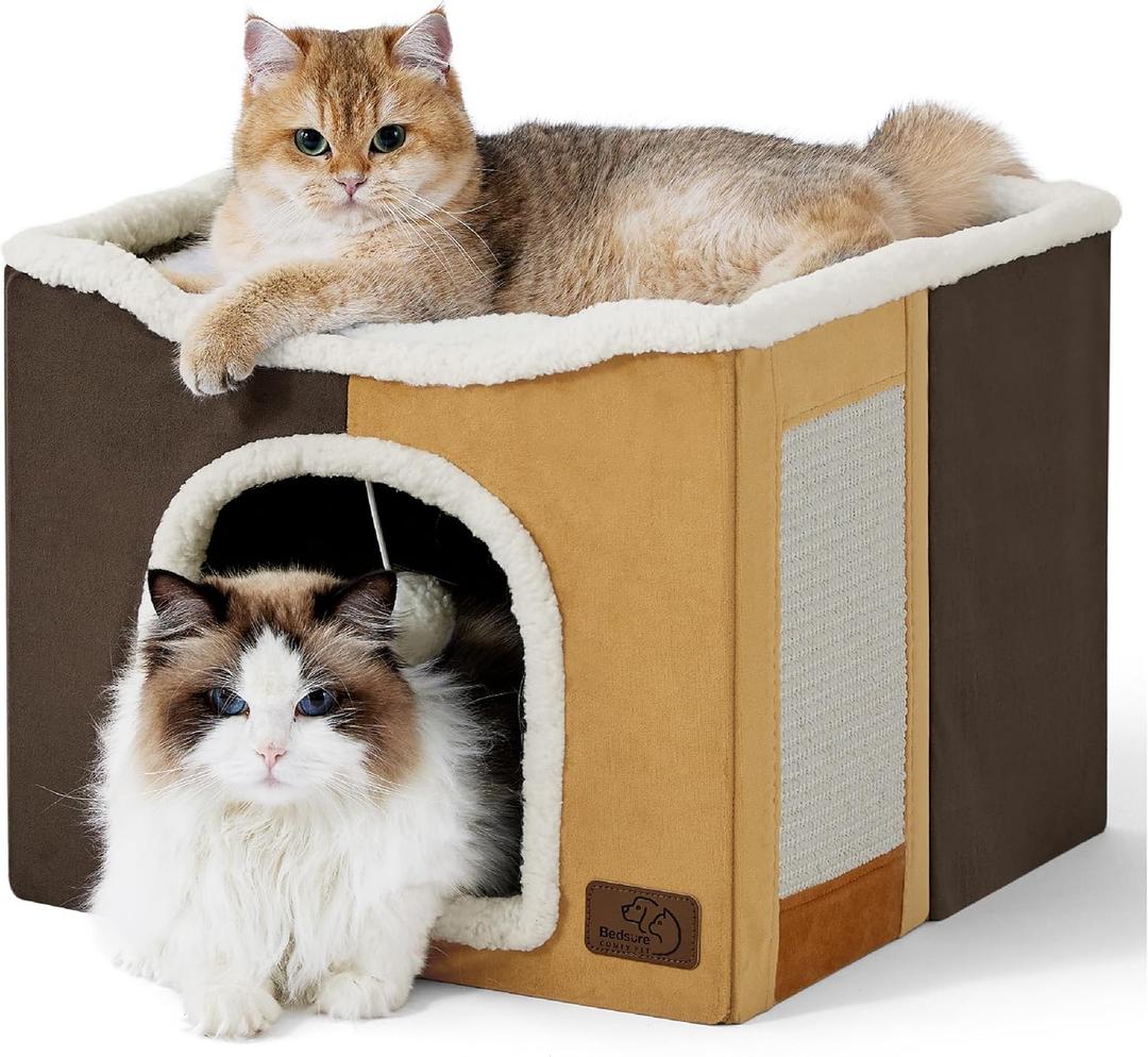 Bedsure Cat Beds for Indoor Cats - Large Cat Cave for Pet Cat House with Fluffy Ball Hanging and Scratch Pad, Foldable Cat Hideaway,16.5x16.5x13 inches, Burnt Honeycomb (Single)