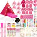 6 Set Sleepovers Teepee Tents Spa Party Robes Supplies Bulk with Inflatable Airbed and Light String, Party Supplies for Birthday Movie Spa Favors Gift Indoor Outdoor (Complete,5 Pink 1 Rose Red)