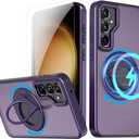 NKECXKJ Design for Samsung Galaxy S23 5G Phone Case [Compatible with Magsafe] with Tempered Glass Screen Protector Wireless Charging 360 Rotatable Invisible Kickstand Protective Cover for Men Purple