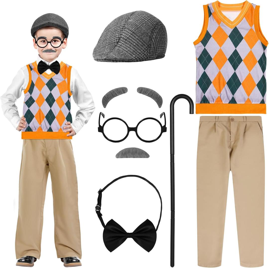 Liitrsh 8 Pcs Old Man Costume for Kids Grandpa Costume 100 Days of School Halloween Vest and Pants for Boys (5-7 Years, Yellow Green Plaid)