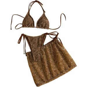 MakeMeChic Women's 3 Piece Crochet Bikini Sets with Cover Up Skirt | Summer Bathing Suit, Halter Triangle, Swimsuits (Brown, S)