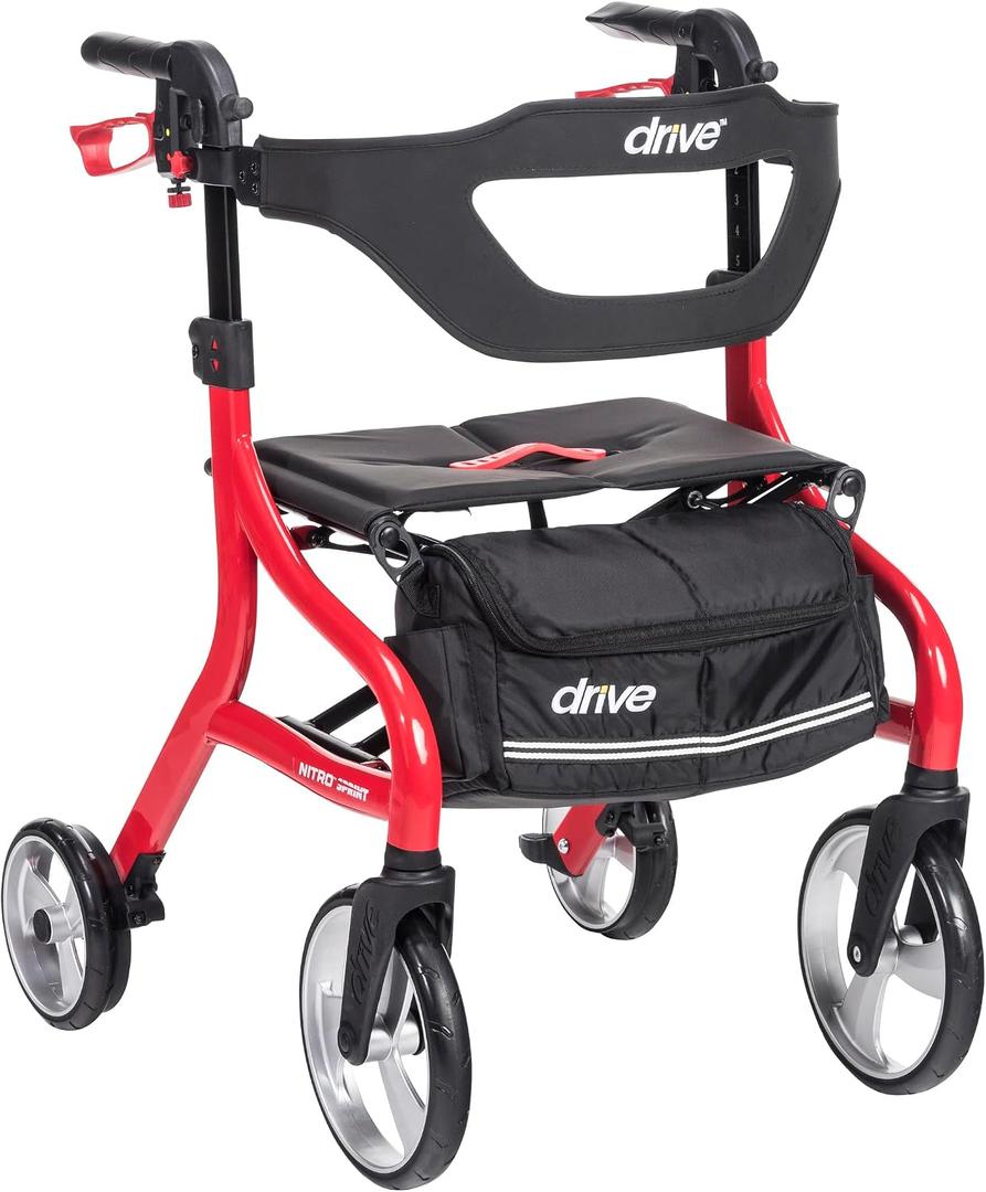 Drive Medical Nitro Sprint Foldable Rollator Walker with Seat - Lightweight Support - Large Wheels - Compact Folding Design - Adjustable Comfort - Standard Size - Red