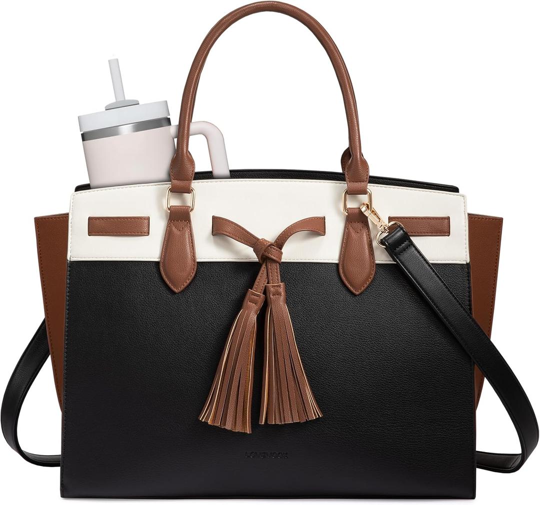 LOVEVOOK Laptop Bag for Women,Work Tote Bag with Large Cup Holder,Leather Computer Bag Teacher Bag Handbag Gifts for Women (17.3 Inch, Black-white-brown-l)