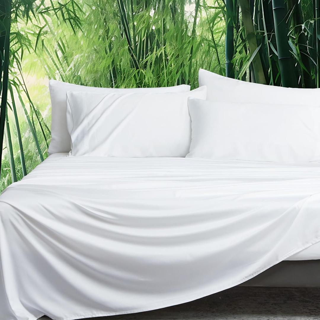 David's Home 6PCS Cooling Sheets Set King Size, 100% Rayon Derived from Bamboo, 16" Deep Pocket 2.5cm Wider Elastic, Luxury Silky Breathable for Hot Sleeper,Breathable Smooth Soft, White (6PCS-King)