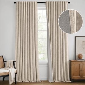 MIULEE Beige 100% Blackout Linen Curtains 84 Inch 2 Panels Set Double Sided No Coating Pleated Back Tab Black Out Long Thermal Insulated Pinch Pleat Bedroom Living Room Darkening Window Drapes