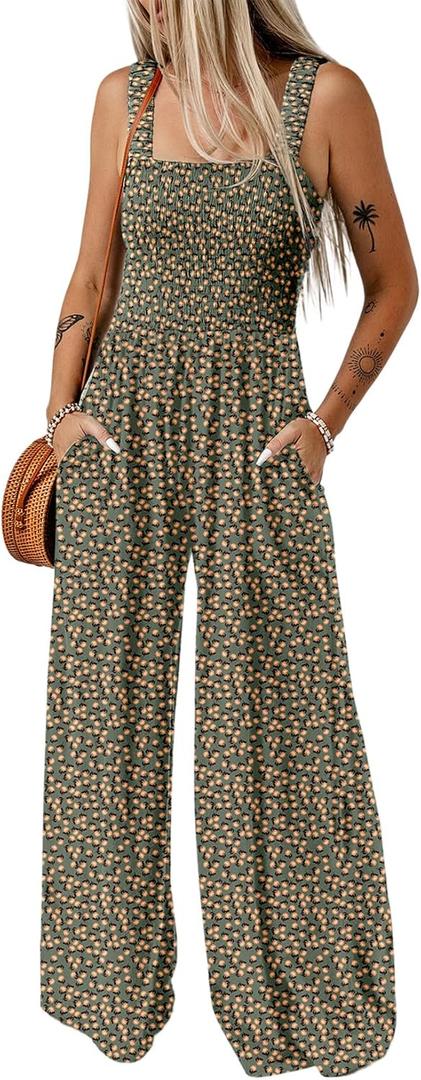 Dokotoo Women's Loose Overalls Jumpsuits One Piece Sleeveless Rompers | Boho Printed Jumpsuit, Sleeveless Wide Leg Jumpsuits for Women, Womens Summer Outfits, Square Neck,Loose Fit Casual Long Pant (Green, S)