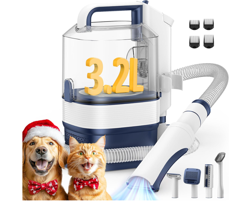 Dog Grooming Kit with Vacuum, All-in-One Pet Grooming Vacuum for Dogs and Cats, Low Noise Pet Hair Clipper & Shedding Brush, Dog Hair Remover, Cat Pet Groomer Set with Cleaning Brushes, White, Model: GDV03