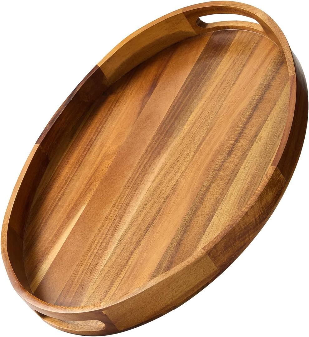 Acacia Wood Serving Tray for Ottoman - Large, Decorative Table Tray for Living Room, Coffee Table, Breakfast in Bed, Candle & Flower Display, Desktop Organizer, 17"x13" Round