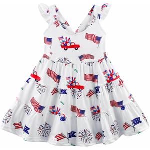 Baby Girls Tiered Dress Flutter Sleeve Twirly Unicorn Sundress Kids Cute Outfits Toddler Summer Dresses 2-8 Years Old (6-7yrs old, White/Flag)