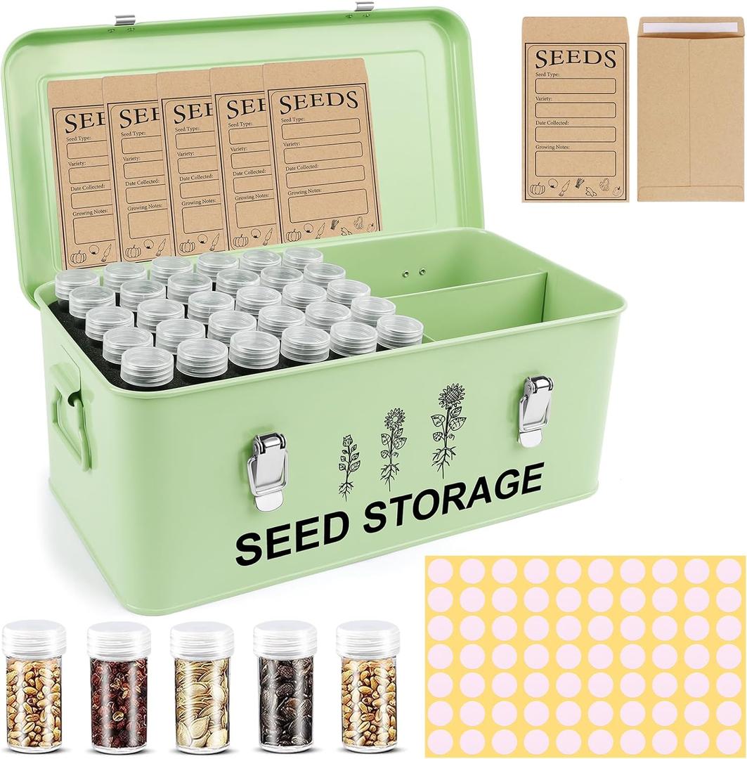 60 Slots Seed Storage Organizer, Metal Seed Saving Box with Lid and Safety Locks, Seed Bin Seed Storage Container with 20 Seed Envelopes and 20 Labels, 3 Compartments, Perfect for Flower Plants Garden