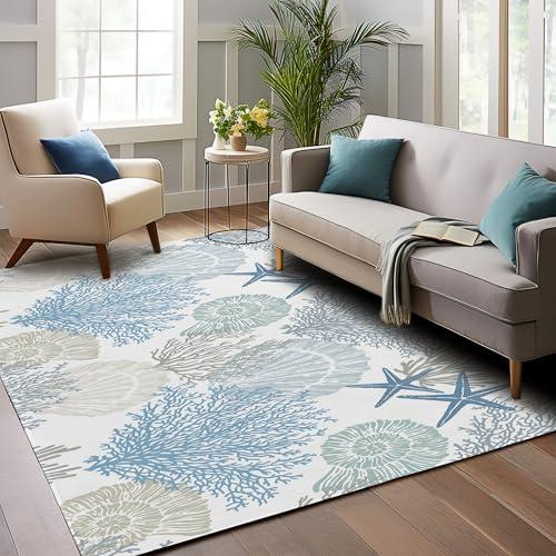 Coastal Beach 5x7 Area Rugs for Living Room, Bedroom, Entryway, Dining & Office - Shell Starfish Coral Washable Non-Slip Low-Pile Floor Mat