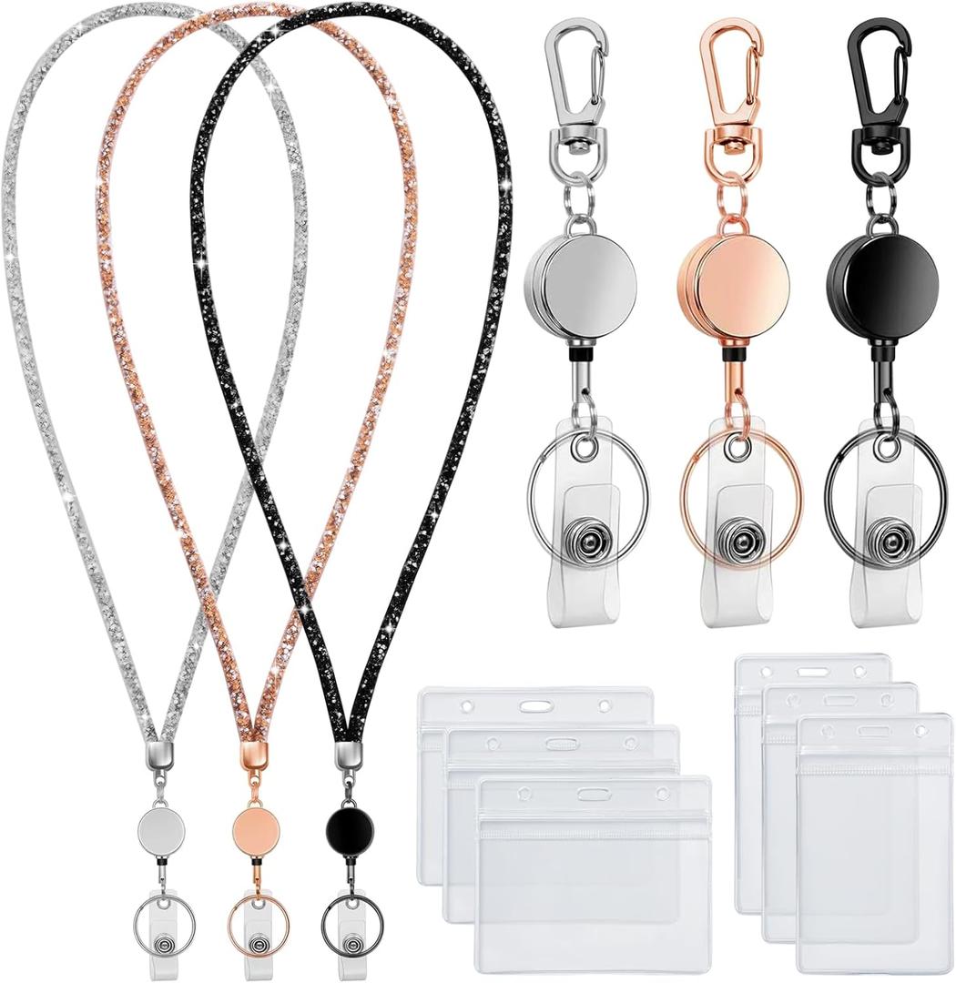 Lanyards for ID Badges 9 in 3 Set Bling Badge Lanyard with ID Badge Holder Retractable Crystal Teacher Lanyard Retractable Keychain Cruise Ship Lanyards for Women (Black, Champagne, Silver)