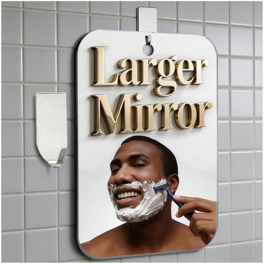 Shatterproof Shower Mirror Fogless for Shaving,(Larger 11x8 Inch) Anti Fog Shaving Mirror Holder NO-Drilling, No Fog Free Waterproof,Small Wall Mounted Bathroom Accessories Camping Hanging Men (Silver)