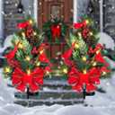 2 Pack Outdoor Pathway Christmas Tree Urn Filler Solar Waterproof Cemetery Xmas Tree Faux Poinsettias Pine Cones Red Brids Berries Pathway Light Ornament Stakes for Yard Garden Lawn Walkway Cemetery