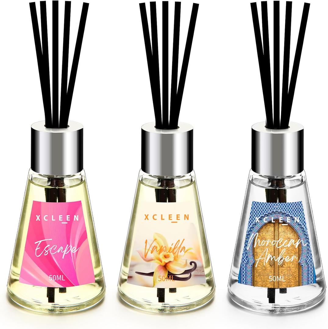 Xcleen 3 Pack Reed Diffuser, Scented Oil Diffuser with 15 Sticks, Escape/Vanilla/Moroccan Amber, Air Freshener for Bathroom & Office, Holiday Home Fragrance, Gift idea, Each 1.7 Fl Oz, Total 5.1 Oz