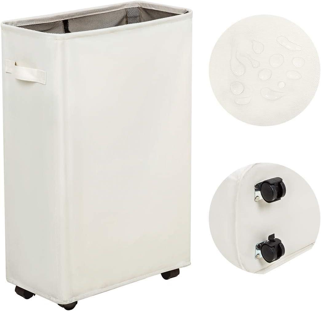 Slim Laundry Hamper with Wheels, Small Laundry Basket for clothes, Rolling Skinny Hampers for Bedroom, Dorm and Laundry Room - 52L Standable Corner Design, (22" Beige)
