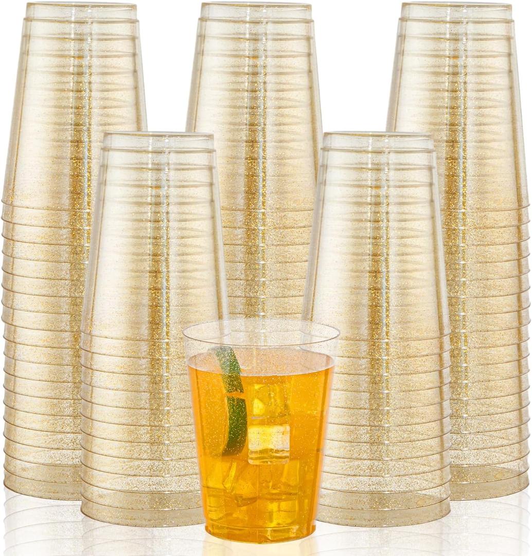 I00000 200pcs Gold Plastic Cups - 10 OZ Hard Glitter Disposable Cups for Cocktail and Drinking - Premium With Gold Glitter for Fancy Wedding and Elegant Party