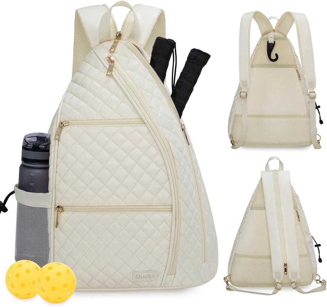 Sucipi Women's Pickleball Backpack - Quilted Crossbody Sling Bag for Tennis & Pickleball Paddle (Medium, Beige)