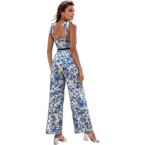 Floerns Women's 2 Piece Summer Outfit Floral Print Knot Shoulder Zip Back Crop Cami Top and Maxi Pants Set (Large, Light Multi Flower)
