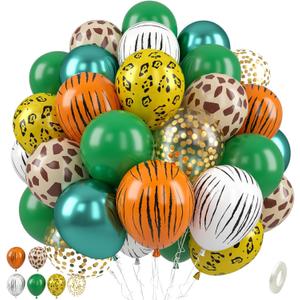 Jungle Safari Balloons, 50 Pcs Animal Print Balloons, 12 Inch Dark Metallic Green Gold Confetti Deer Paw Print Tiger Zebra Leopard Balloons for Birthday Baby Shower Jungle Safari Party Decorations